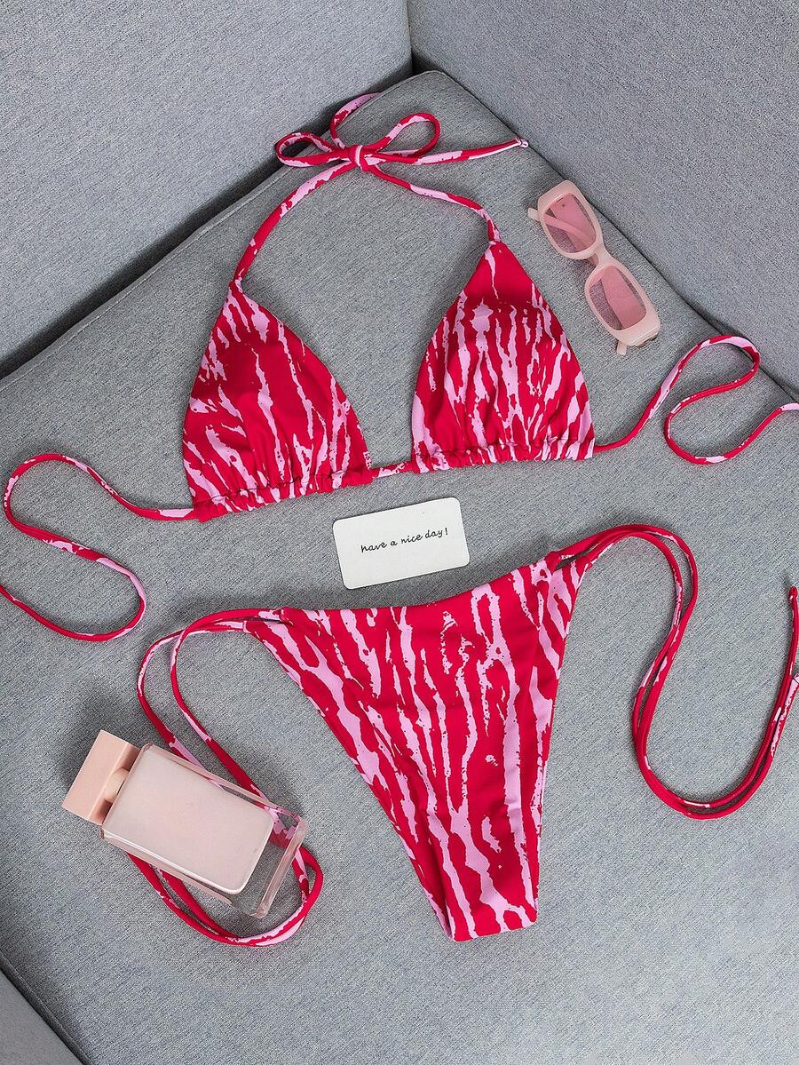 2件套2026新款时尚性感仿木纹印花比基尼泳装套装，适合泳池、海滩、度假、春夏、情人节、狂欢节派对等场合。