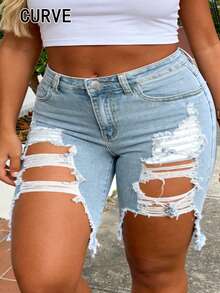 Quần short Bermuda denim màu xanh nhạt dành cho nữ cỡ lớn, dáng suông, có túi, độ co giãn vừa phải. - Rửa nhẹ - Xem 3