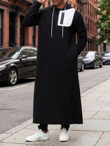 Muslim Men's Hooded Sweatshirt With Zipper Chest, Side Pockets, And Contrast Hem Split Design, Modern Islamic Men's Clothing Kamis Robe - Black - View 2