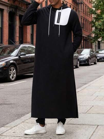 Muslim Men's Hooded Sweatshirt With Zipper Chest, Side Pockets, And Contrast Hem Split Design, Modern Islamic Men's Clothing Kamis Robe