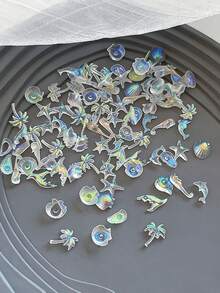 50件海洋系列美甲装饰套装，50件白色/蓝色/极光海洋主题3D海星美甲水钻美甲用品，贝壳海星海豚鱼尾美甲宝石，女士DIY美甲用品 - 彩色 - 查看 9