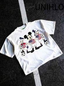 Disney USA Mickey Basketball  Print  Summer Casual Versatile Pure Cotton T-Shirt Suitable For Any Place - White - View 4