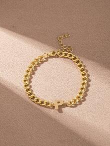 1pc Minimalist Stainless Steel Letter A-Z Bracelet, Fashionable Daily Wear Gift For Friends - Yellow Gold - View 18