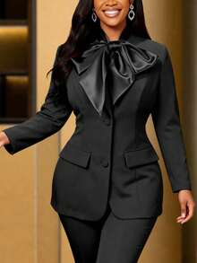 Áo khoác blazer nữ màu đen thanh lịch với nơ satin lớn, tay dài, thích hợp cho các dịp công sở trang trọng, mùa xuân. - màu đen - Xem 2