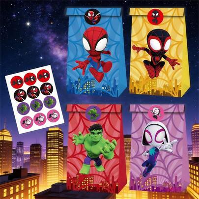 Marvel 12pcs Vibrant Superhero Themed Kraft Paper Gift Bag | Comes With Matching Character Stickers | Durable And Lightweight, Suitable For Candy, Snacks, And Party Gifts | Perfect For Children's Birthday Parties, Back To School, Halloween, And Christmas | Essential Party Supplies For Superhero Fans