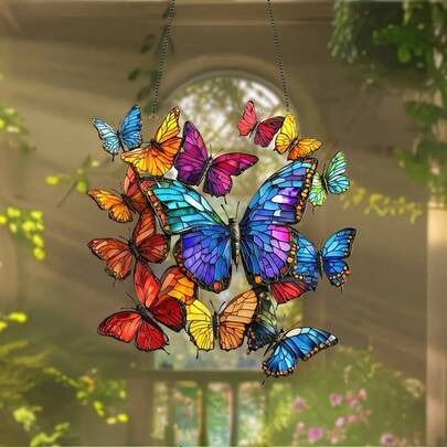 2D Flat, Vibrant Colorful Style Grid Butterfly Catcher- Acrylic Pendant With Garden And Blue Sky Design, Perfect For Home, Office, Garden- Perfect Housewarming Gift Or New Year'S Gift