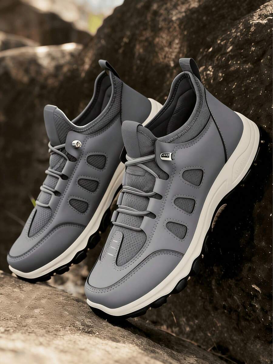 Men's Mesh Breathable Anti-Odor Casual Sneakers, Fashion Lace-Up Running Shoes, Non-Slip Athletic Shoes, Suitable For All Seasons Valentines, Perfect With Sports Jeans Look - Grey - View 1
