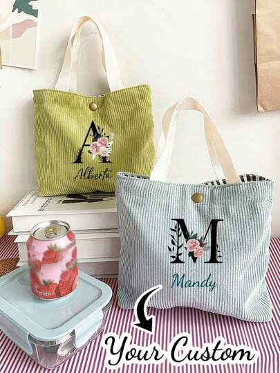 Customizable Handbag,Women's Large-Capacity Corduroy Handbag,Portable Lunch Pack,Letter Print Fashion Handbag,Student Bento Bag,Customizable Name And Text,Personal Tailor Picnic Bag ,Lunch Pack For School, Work Commute, And Travel Picnics,Storage Bag,Ideal Gifts For Her,Girlfriend,Boyfriend,Friends, Ideal Gifts For Easter Gifts, Bridesmaid Gift, Wedding Gift, Birthday Gift For Her, Mother's Day Gift