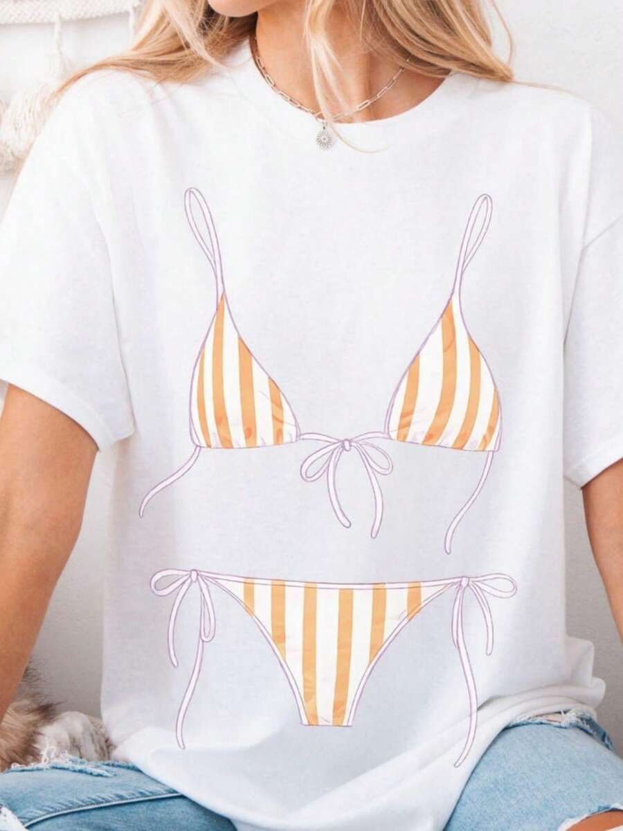 Striped Bikini Graphic Tee,  Shirt - trắng - Xem 1