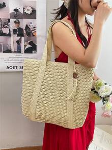 Women's Fashion Large Capacity Woven Vacation Style Hollow Out Straw Tote Bag - White - View 3