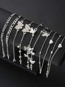 8pcs Bohemian Style Butterfly & Heart Anklet Set, Suitable For Women, Couples, Sisters, Summer Holiday, Date, Daily Casual, Wedding Party, Gift For Mom, Friends, Sisters - Silver - View 1