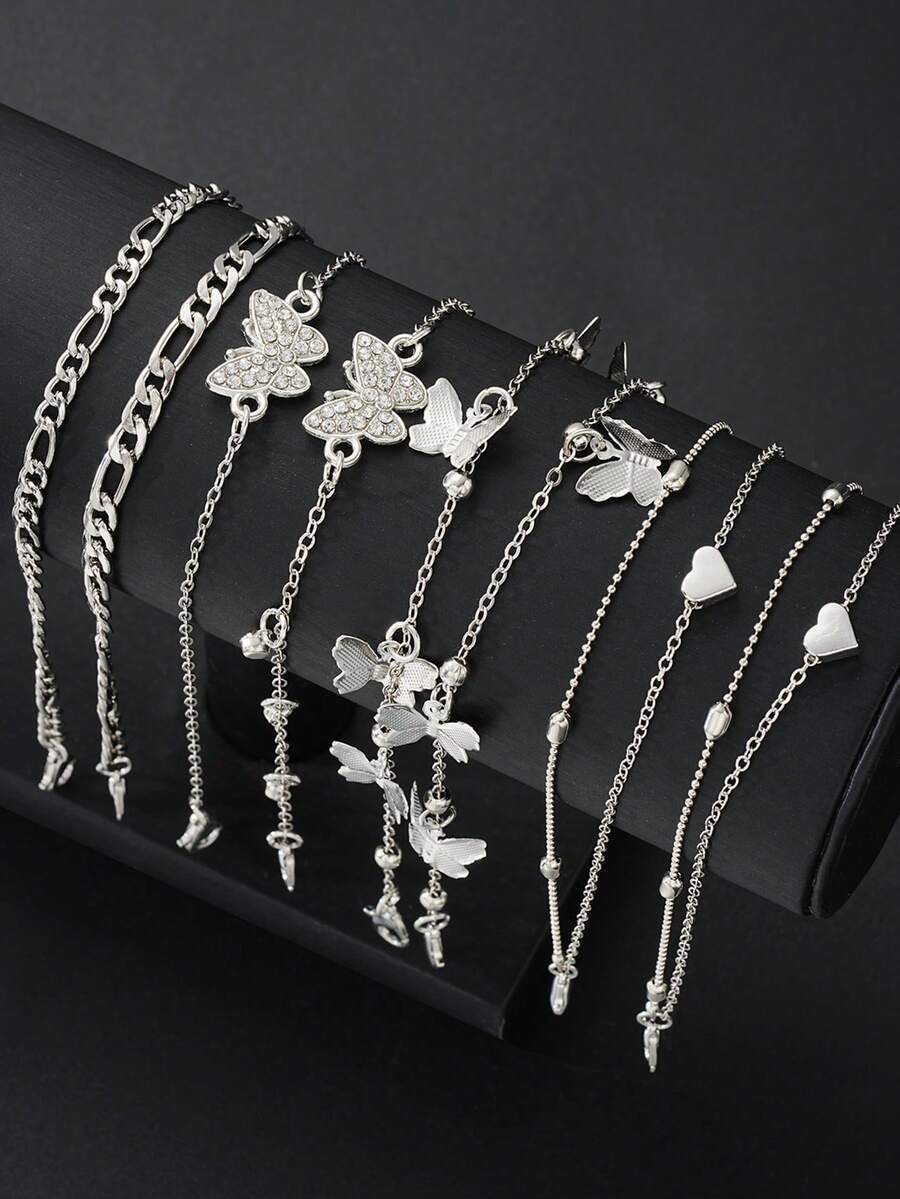 8pcs Bohemian Style Butterfly & Heart Anklet Set, Suitable For Women, Couples, Sisters, Summer Holiday, Date, Daily Casual, Wedding Party, Gift For Mom, Friends, Sisters - Silver - View 1