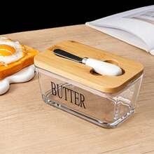 1 Set Acacia Wood Lid Glass Butter Dish. Thick Glass Butter Container With Bamboo Lid, Suitable For Home Kitchen, Large Capacity For Butter/Cookies/Snacks Storage, Ideal As Gift, Christmas Present - View 8