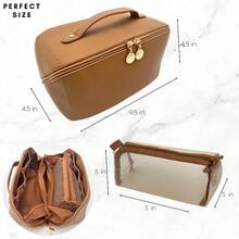 Large Capacity Travel Cosmetic Bag, Travel Makeup Bag,  Opens Flat For Easy Access, Toiletry Bag For Women, Vegan Leather, Multifunctional - màu nâu - Xem 1