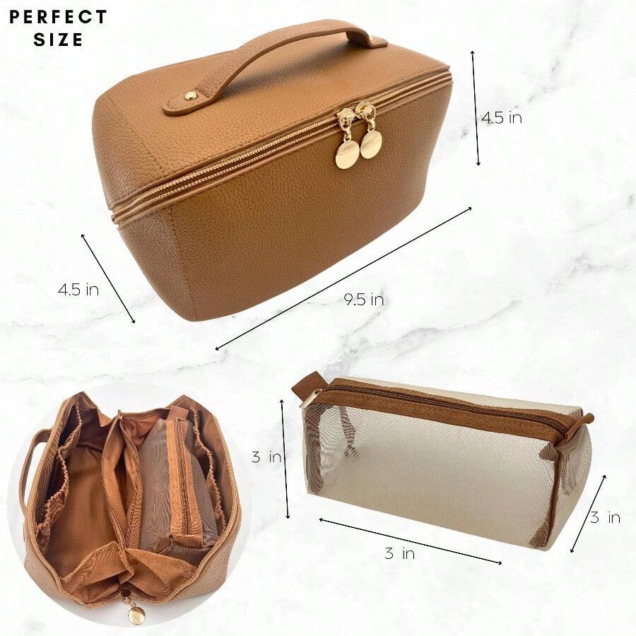 Large Capacity Travel Cosmetic Bag, Travel Makeup Bag,  Opens Flat For Easy Access, Toiletry Bag For Women, Vegan Leather, Multifunctional - màu nâu - Xem 1