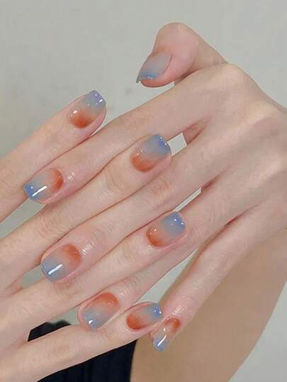 24pcs Short Square Fake Nails, Elegant Tie Dye Effect Minimalist Luxury Atmosphere, Full Coverage Removable Manicure Set, Suitable For Women's Party, Ball And Daily Wear