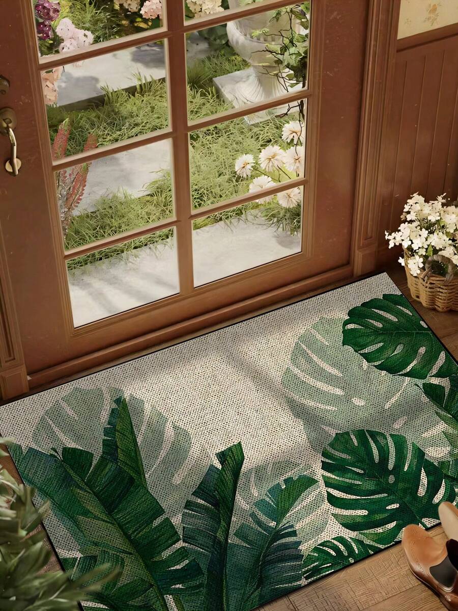 1 Stück grüner Palmblatt-Muster Eingangsmatte, gelbe minimalistische kurzflorige schnell trocknende rutschfeste waschbare Fußmatte, Frühlings-Terrassenmatte, Heimdekoration, geeignet für Küche, Bad, Esszimmer, Flur, Party, ganzjährig, Frühlings-Terrassendekoration, Sommer-Terrassenzubehör - 1PC - Übersicht 1
