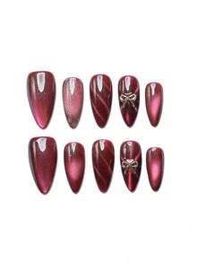 10片/套 手工美甲 短款杏仁形亮面猫眼按压式美甲贴片，闪亮猫眼假指甲，带3D蝴蝶结装饰设计，适合女性参加节日、休闲、日常生活等场合。 - 彩色 - 查看 2