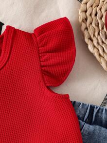 2pcs Baby Girls' Sweet Cute Round Neck Ruffle Sleeve Top & Casual Embroidered Bow Denim Pants Set, Summer - Red - View 4