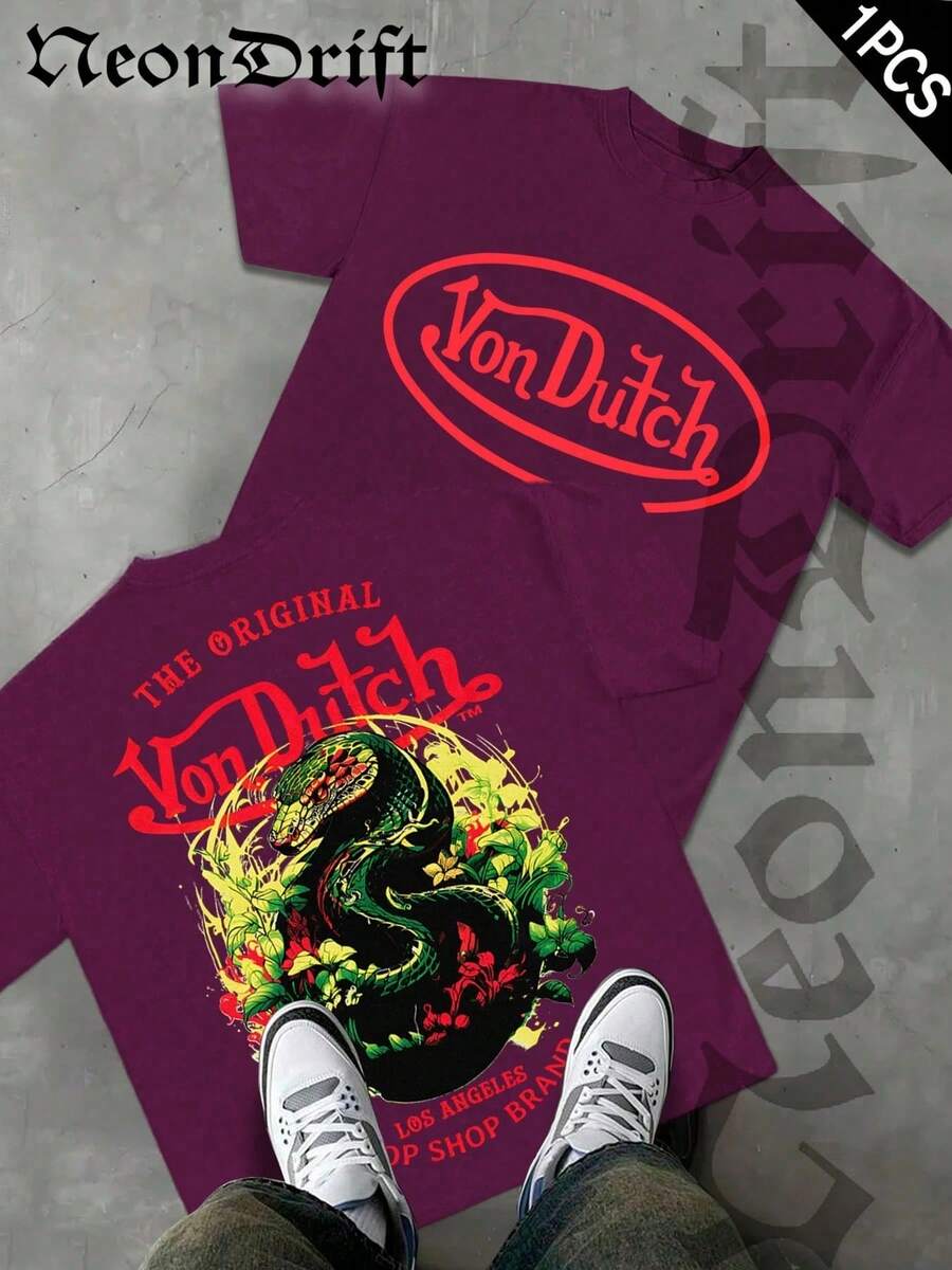NeonDrift Double-Sided Printing Men's T-Shirt Men's Short-Sleeve T-Shirt100% Cotton Fabric Soft & Skin-Friendly Unisex Style Gifts For Spring Festival, Valentine's Day, St. Patrick's Day & World Cup-Van Dutch Dragon Print Men T Shirt Classic Americana Style Graphic Tee Streetwear Fashion Casual Wear For Car Enthusiasts And Vintage Culture Lovers - 紫紅色 - 查看 1