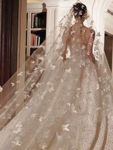 1pc Elegant Bridal Butterfly Pearl Veil,Long Woman Illusion Tulle Lace Edge Veils - Ideal For Weddings & Bachelorette Parties, Ideal Photo Prop & Unique Gift For Brides-To-Be - View 4