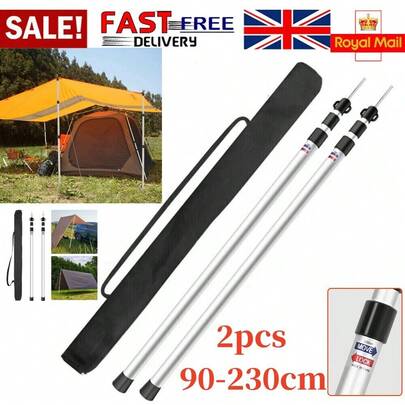 2Pcs 230cm Telescopic Tent Poles | Adjustable Aluminium Alloy Awning Poles For Camping | Tarp Support Rods For Hiking, Backpacking, Hammock & Shelter | UK Stock, Includes Carry Bag