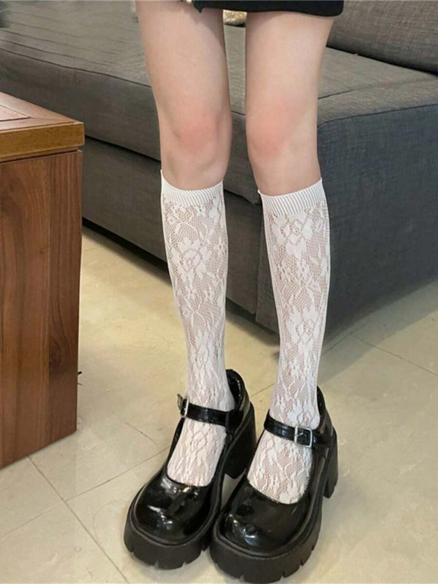 1 Pair Solid Color Mesh Rose Lolita Style Knee-High Socks, Cute Japanese Fashion Women's Mid-Calf Socks, Lace Straight Tube Socks, Backless White Socks - White - View 1