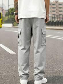 Men's Autumn/Winter Solid Color Loose Straight Leg Cargo Sweatpants, Casual Commuter Jogging Versatile Long Pants - Grey - View 3