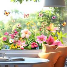 1 pieza Pegatina de ventana con racimo de flores multicolor y mariposa, decoración de vidrio de habitación, pegatina estática de PVC de estilo primaveral - Múltiples estilos - Ver 4