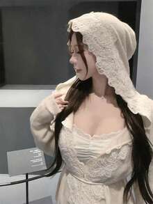 Women's Spring/Summer New Knitted 3D Lace Drawstring Hooded Cardigan, Long Sleeve Top Outerwear. French Romantic Lace Hooded Cardigan, Soft & Relaxed, Suitable For Wedding, Vacation, Dates - Apricot - View 6