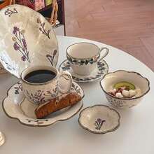 French Retro Grape Vine Embossed Ceramic Cup And Saucer Set, Shallow Embossed Craftsmanship, Unique Pattern Design, Coffee Cup And Saucer, Afternoon Tea Cup And Saucer, Beverage Cup, Latte Cup, Snack Plate, Suitable For Daily Use, Home, Restaurant, Cafe, Suitable As A Gift - Multicolor - View 9