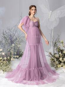 Faeriesty 優雅孕婦心形領洋裝 - 多層網紗裙，適合孕婦攝影、浪漫拍照與家庭聚會 - 藕粉色 - 查看 8