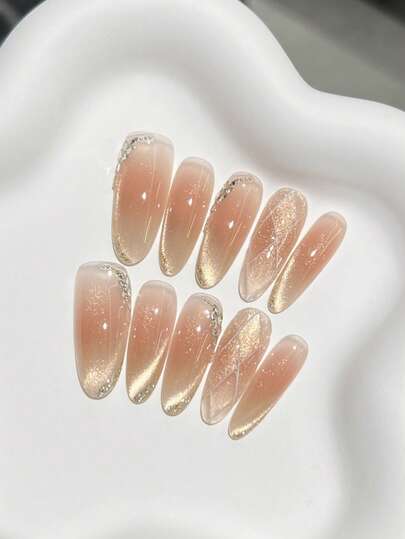 10pcs Handmade Nails Oval Nails Acrylic Press On Nails Long, Gentle Nude Pink Nails, Flashy Cateye, Handpainted Irregular Glitter Powder Check Pattern, Nail Gems Small Stone Diamond Inlaid, Minimalism Edgy Elegant Simple Spring Nails, Summer Press On Nails, Party Daily & Dating Use Beach Tropical Getaway Suitable,DIY False Nail Art Suitable For Women & Girls As Gift Nail Supplies