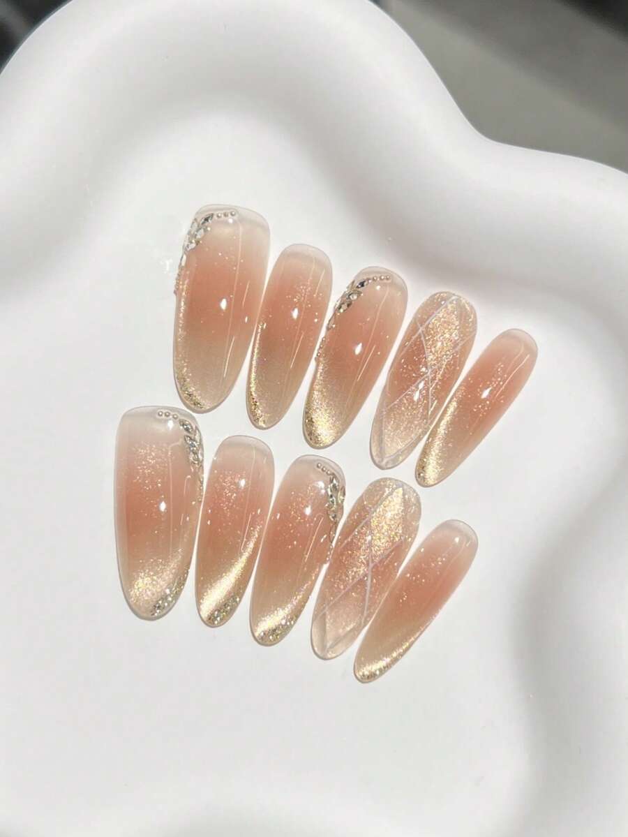 10pcs Handmade Nails Oval Nails Acrylic Press On Nails Long, Gentle Nude Pink Nails, Flashy Cateye, Handpainted Irregular Glitter Powder Check Pattern, Nail Gems Small Stone Diamond Inlaid, Minimalism Edgy Elegant Simple Spring Nails, Summer Press On Nails, Party Daily & Dating Use Beach Tropical Getaway Suitable,DIY False Nail Art Suitable For Women & Girls As Gift Nail Supplies - Pink - View 1