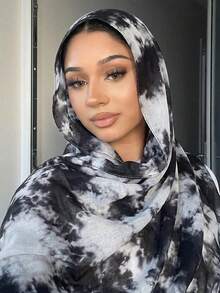 1pc Women's Bohemian Star & Moon Pattern Soft & Elegant Black Headscarf, Breathable Sun Protection, Suitable For Daily Abaya Robe Wear And Festive Formal Attire,Beach,Holiday,Travel Essential,Holiday - Black and White - View 5