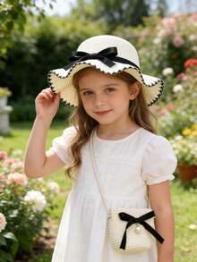 2件套蝴蝶结草编包和帽子，夏季女童大帽檐草帽，户外防晒沙滩公主风蝴蝶结帽 - 彩色 - 查看 1