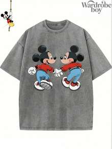 Disney Printed Wash Water T-Shirt,Mickey And Minnie Disney Couple T-Shirts, Mickey And Minnie Heart T-Shirts,Unisex,High-Quality Pure Cotton T-Shirt,Suitable For All Seasons, Comfortable And Breathable| Exquisite Design | The Best Choice For Giving Gifts - Xám - Xem 1