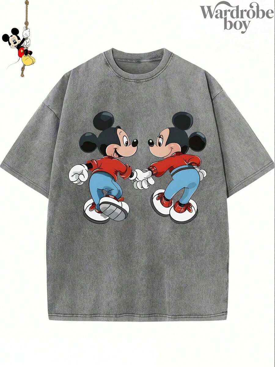 Disney Printed Wash Water T-Shirt,Mickey And Minnie Disney Couple T-Shirts, Mickey And Minnie Heart T-Shirts,Unisex,High-Quality Pure Cotton T-Shirt,Suitable For All Seasons, Comfortable And Breathable| Exquisite Design | The Best Choice For Giving Gifts - Xám - Xem 1