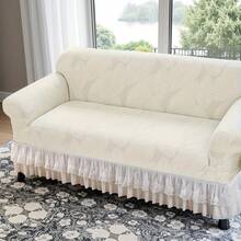 1pc Ruffled White Jacquard Stretch Sofa Cover, Thick Elastic Slipcover For 1/2/3/4 Seater Sofa, Lace Trim, Soft Fabric For Living Room, Bedroom, Study - Beige - View 8