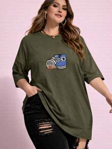 Women's Plus Size Plain Crew Neck T-Shirt,  And Oversized - xanh quân đội - Xem 1