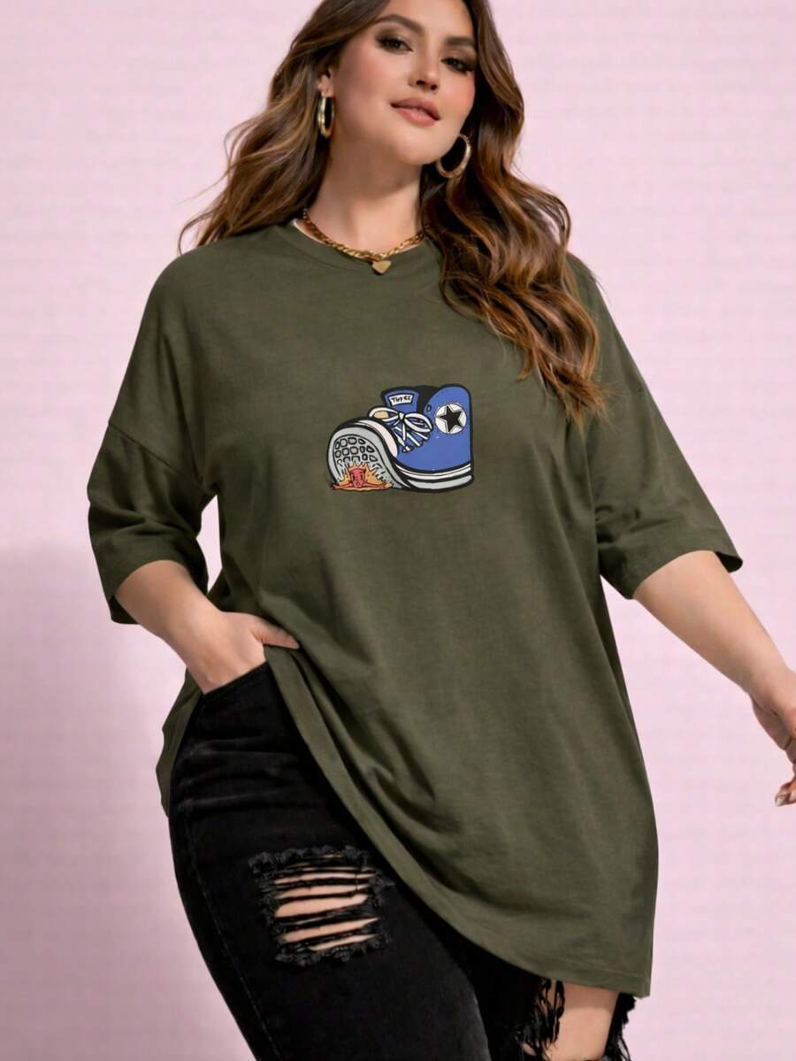 Women's Plus Size Plain Crew Neck T-Shirt, And Oversized - xanh quân đội - Xem 1