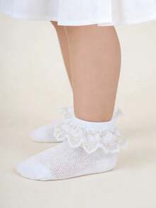3 Pairs Random Floral Lace White Socks, Floral Embroidery Mesh Ruffle Trim Princess Socks, Elegant High-End Student Socks - White - View 4