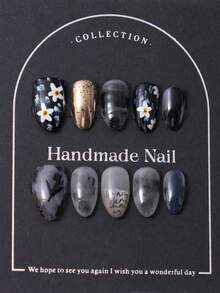 10 pezzi/set di adesivi per unghie a forma di mandorla corti, stile europeo, tema nero Y2K e design sfumato dipinto a mano con fiori. Include 1 pezzo di gel trasparente e 1 lima per unghie. Perfetto per la vita quotidiana e per gli outfit del Coachella Music Festival, unghie finte e prodotti per la cura delle unghie. Unghie finte fatte a mano - nero - Visualizzare 2