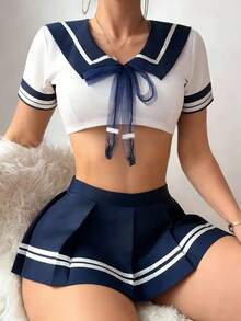 Cosplay 校服三件套（上衣、百褶裙、丁字裤），柚子派对服装，清纯学生制服，适合情人节、万圣节、可爱角色扮演水手服 - 藏蓝色 - 查看 1