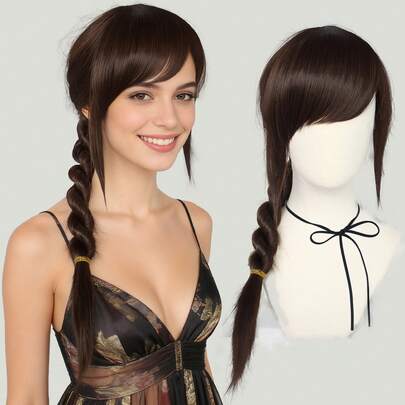 棕色长款辫子假发，带刘海 – 天然耐热合成发，适合日常佩戴和角色扮演 | 可爱的单辫造型，逼真自然，完美搭配动漫服装、节日、派对和日常穿搭 | 即戴即用的预造型辫子假发 | 动漫迷和潮流达人的理想礼物