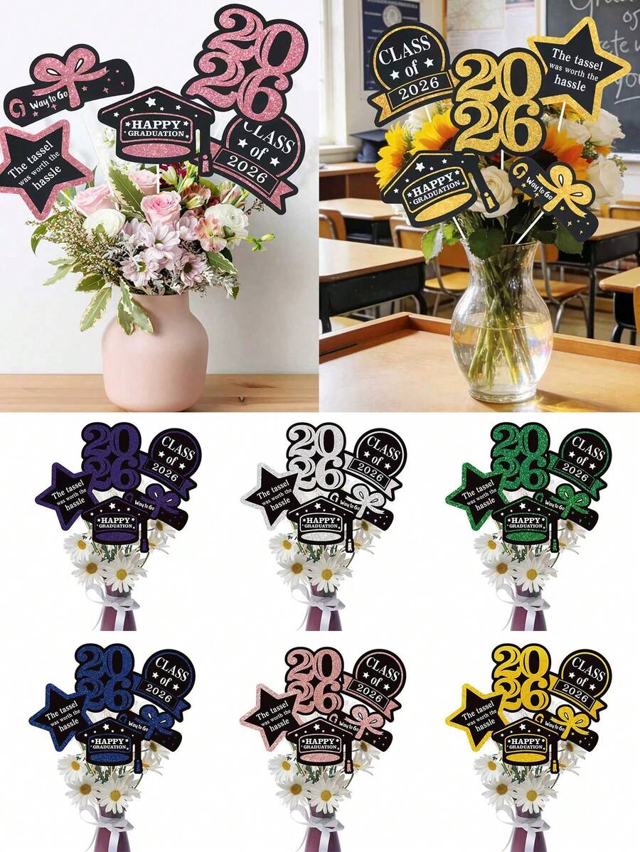 Conjunto de 5 enfeites de papel para vasos com o tema da formatura de 2026. Ideais para decoração de festas e cerimônias de formatura. Perfeitos para montar seu próprio vaso. Perfeitos para parabenizar os formandos de 2026 pela formatura, decoração de casa e de quarto. Centro de mesa para festa de formatura, lembrancinha para a turma, painel de fundo para festa de formatura e presente de formatura.