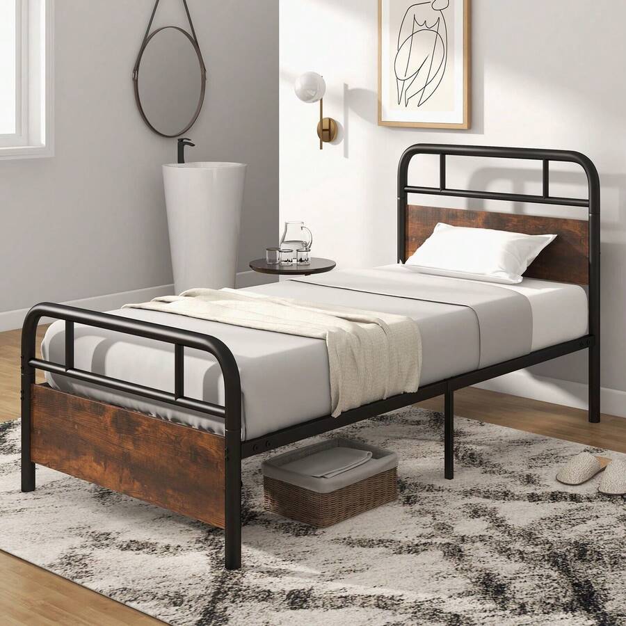 COSTWAY Single Bed Frame With Industrial Headboard, Brown - Black - View 1