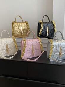 輕便商務休閒迷你絎縫鏈條裝飾翻蓋方形包適合青少年女孩女大學生、菜鳥和白領，非常適合辦公室、大學、工作、商務、通勤、戶外、旅行、郊遊 - 黑色 - 查看 2