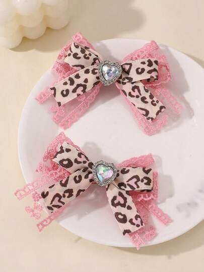 Set de 2 pinzas para el cabello con lazo, estampado de leopardo y encaje multicapa, accesorios de moda y fiesta para niñas