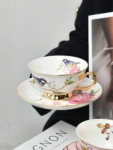 一套骨瓷金彩花鸟图案陶瓷咖啡杯碟，美式拿铁杯碟，家用水杯，下午茶咖啡杯，节日礼物，生日祝福，派对用品 - 彩色 - 查看 6